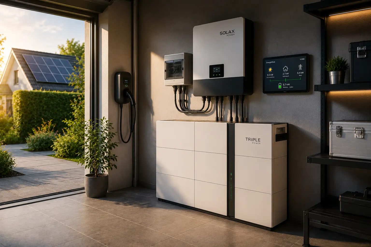 Moderner Batteriespeicher in einem Technikraum eines Wohnhauses