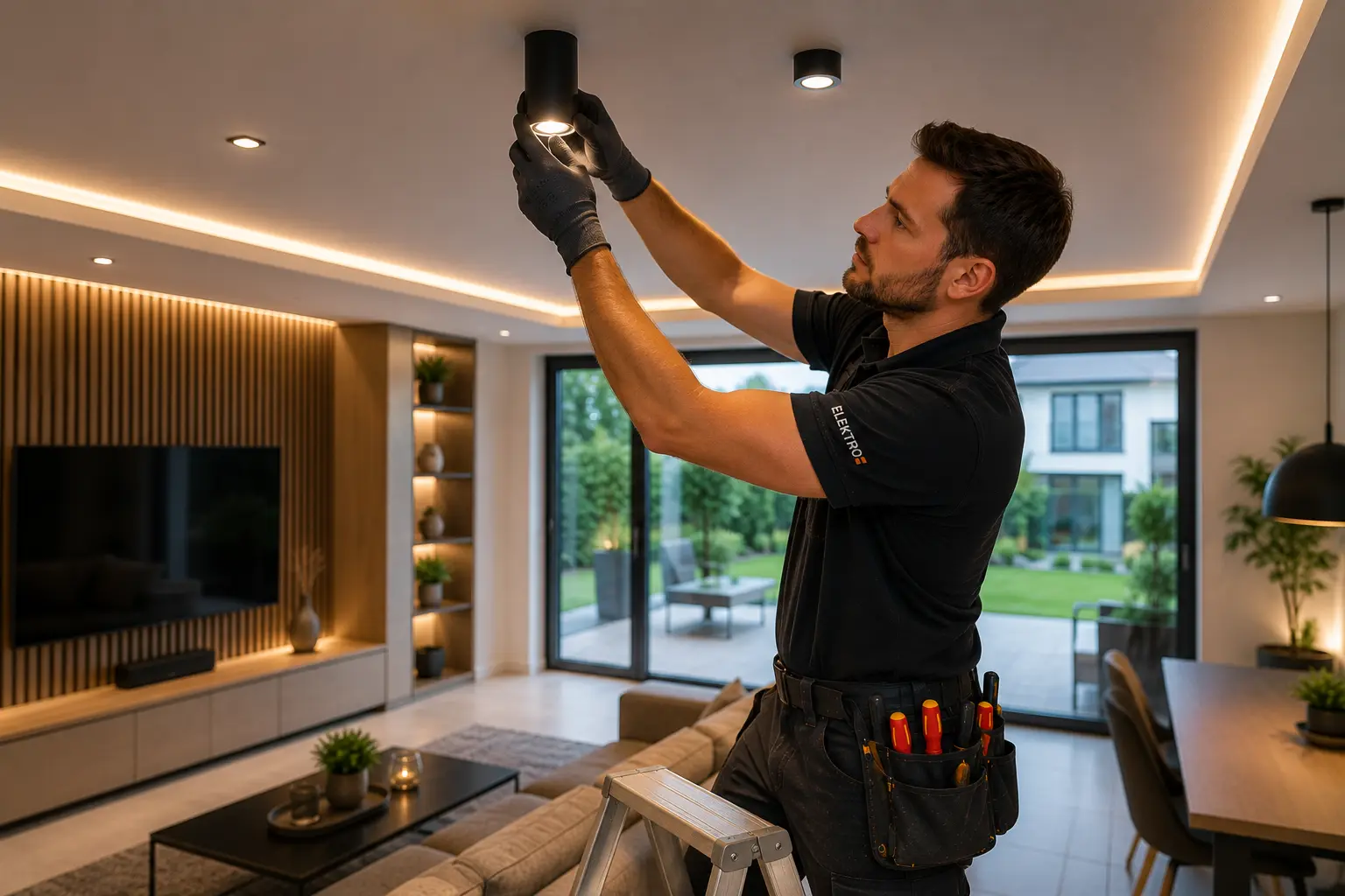 Elektriker montiert moderne LED-Beleuchtung in einem Wohnzimmer