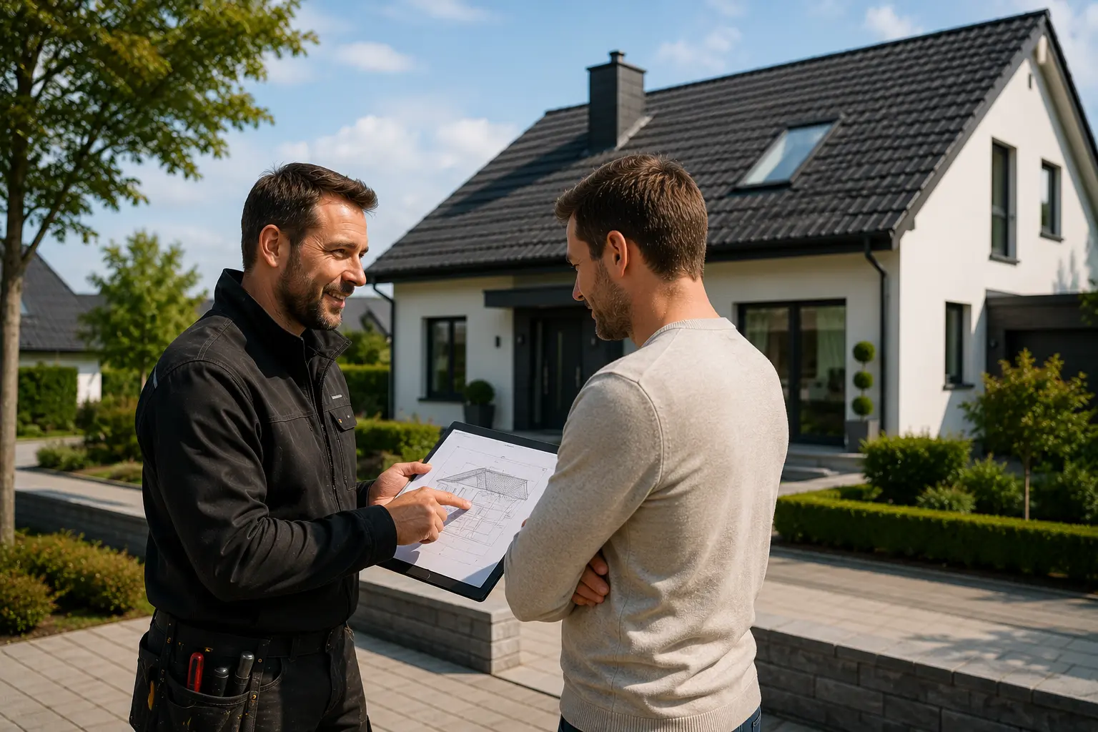 Dachdecker berät Hausbesitzer zu Dachsanierung und Dacharbeiten