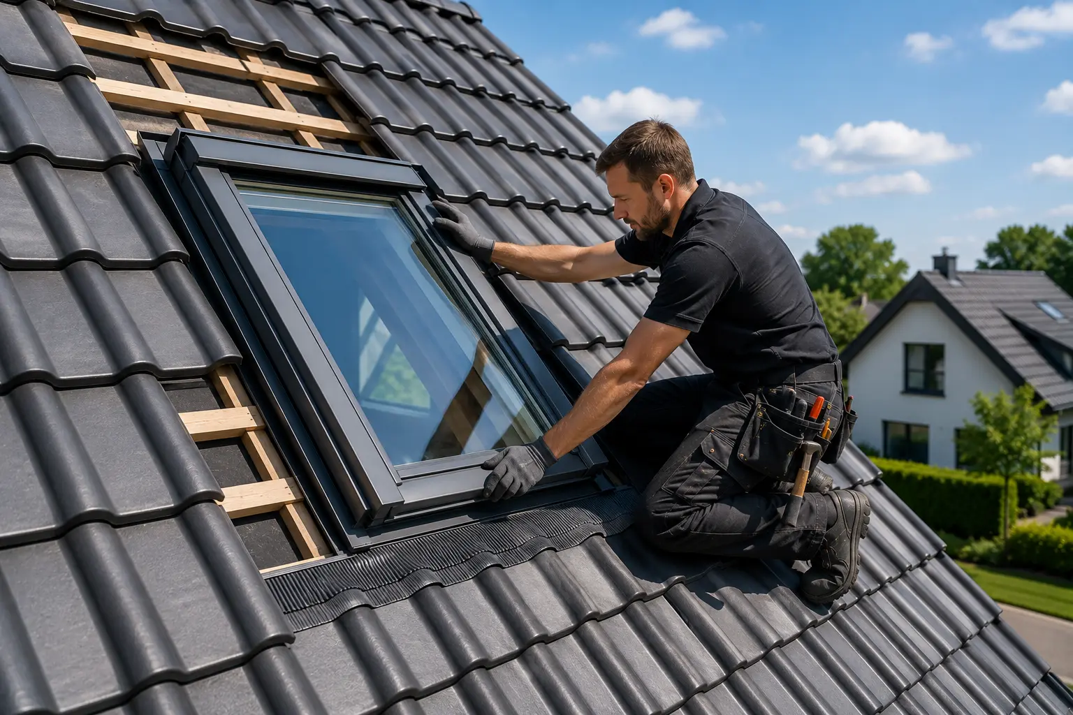 Dachdecker montiert modernes Dachfenster auf Steildach