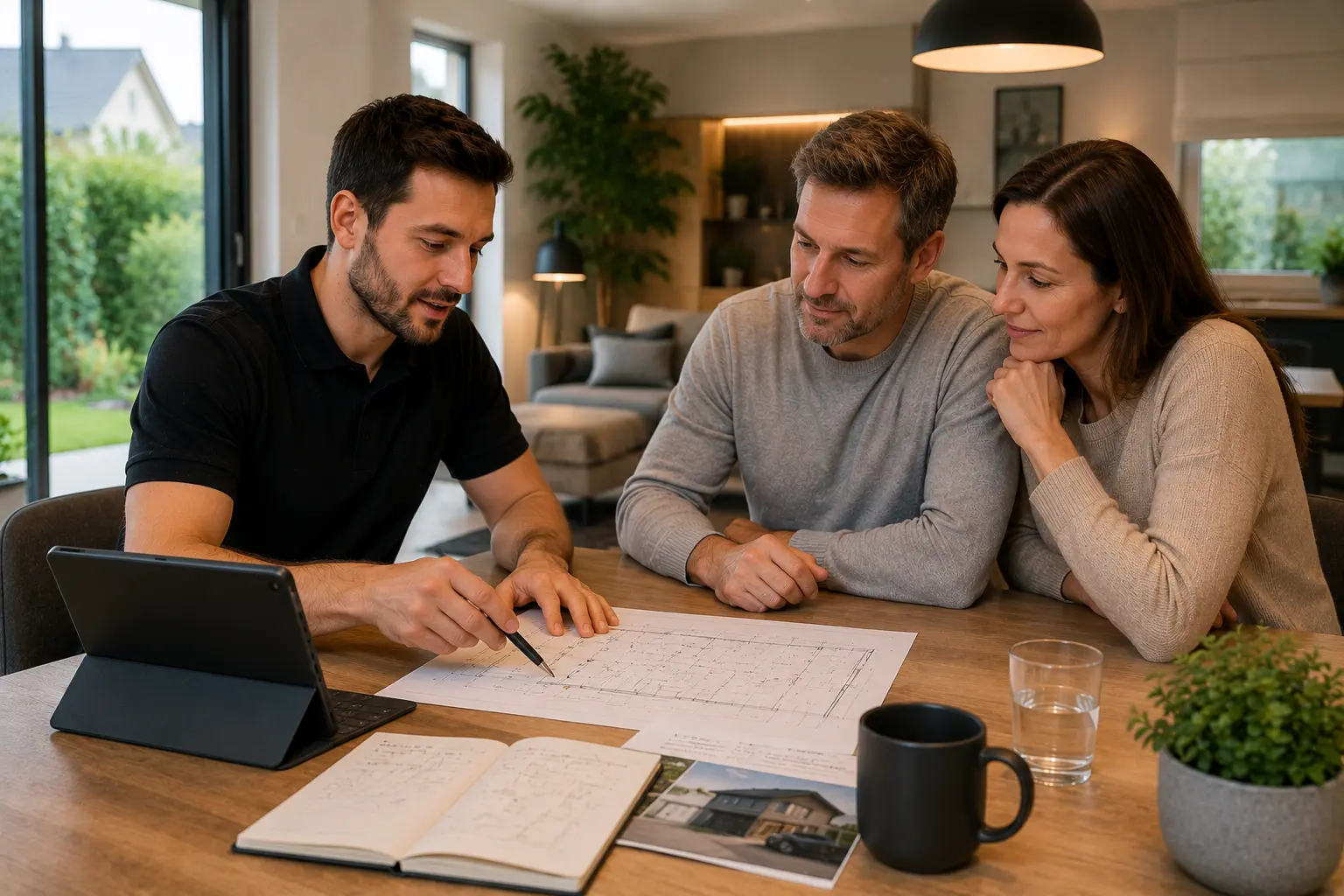 Elektriker berät Hausbesitzer zu Modernisierung und Elektroplanung