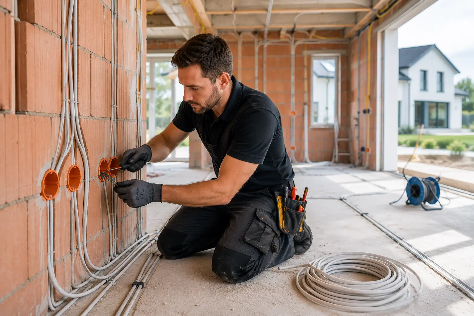 Elektriker installiert Leitungen und Unterputzdosen im Neubau