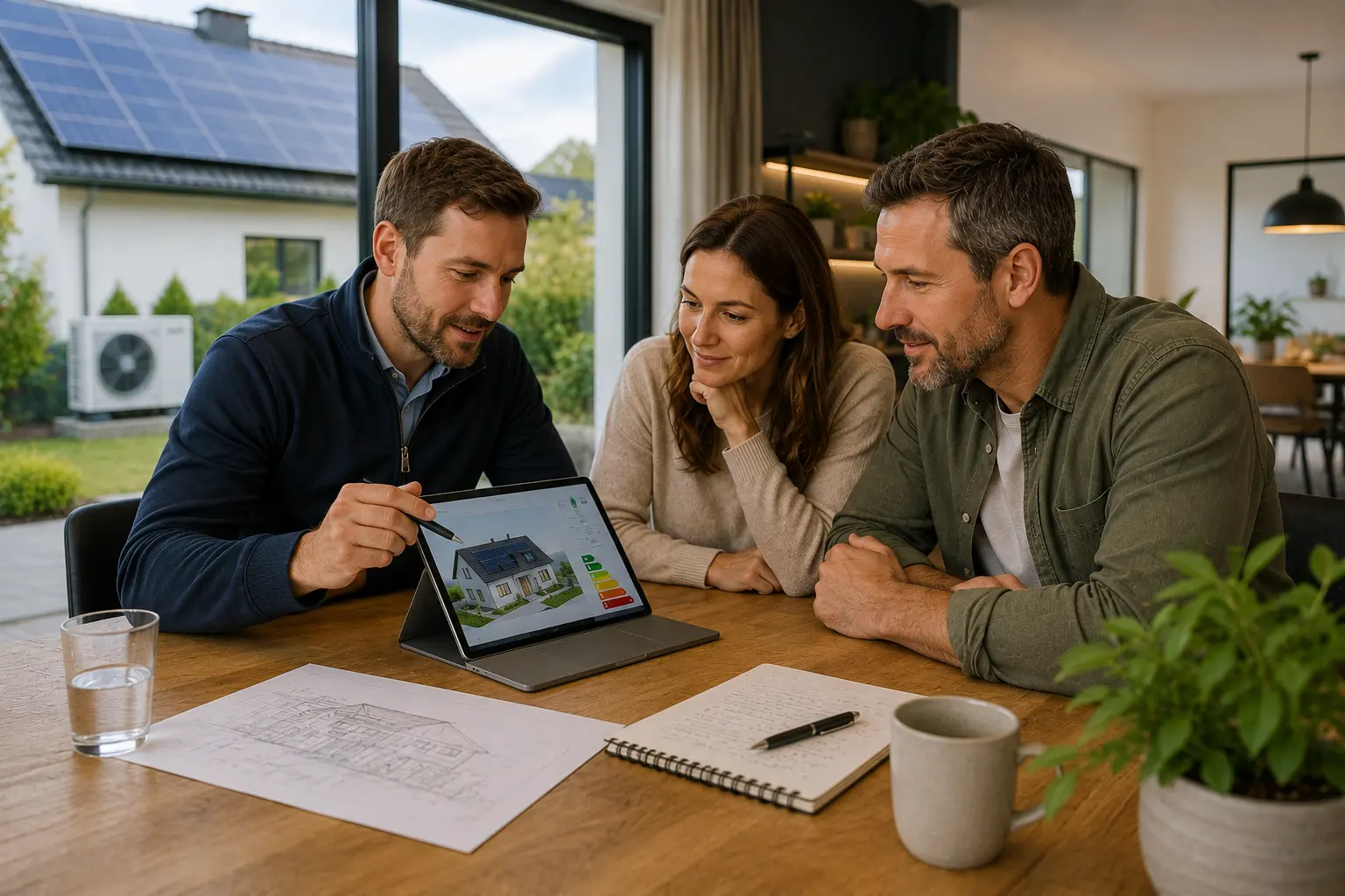Energieberater bespricht Energielösungen mit Hausbesitzern