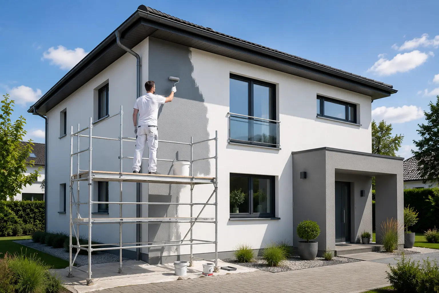 Maler führt Fassadenanstrich an einem modernen Wohnhaus durch