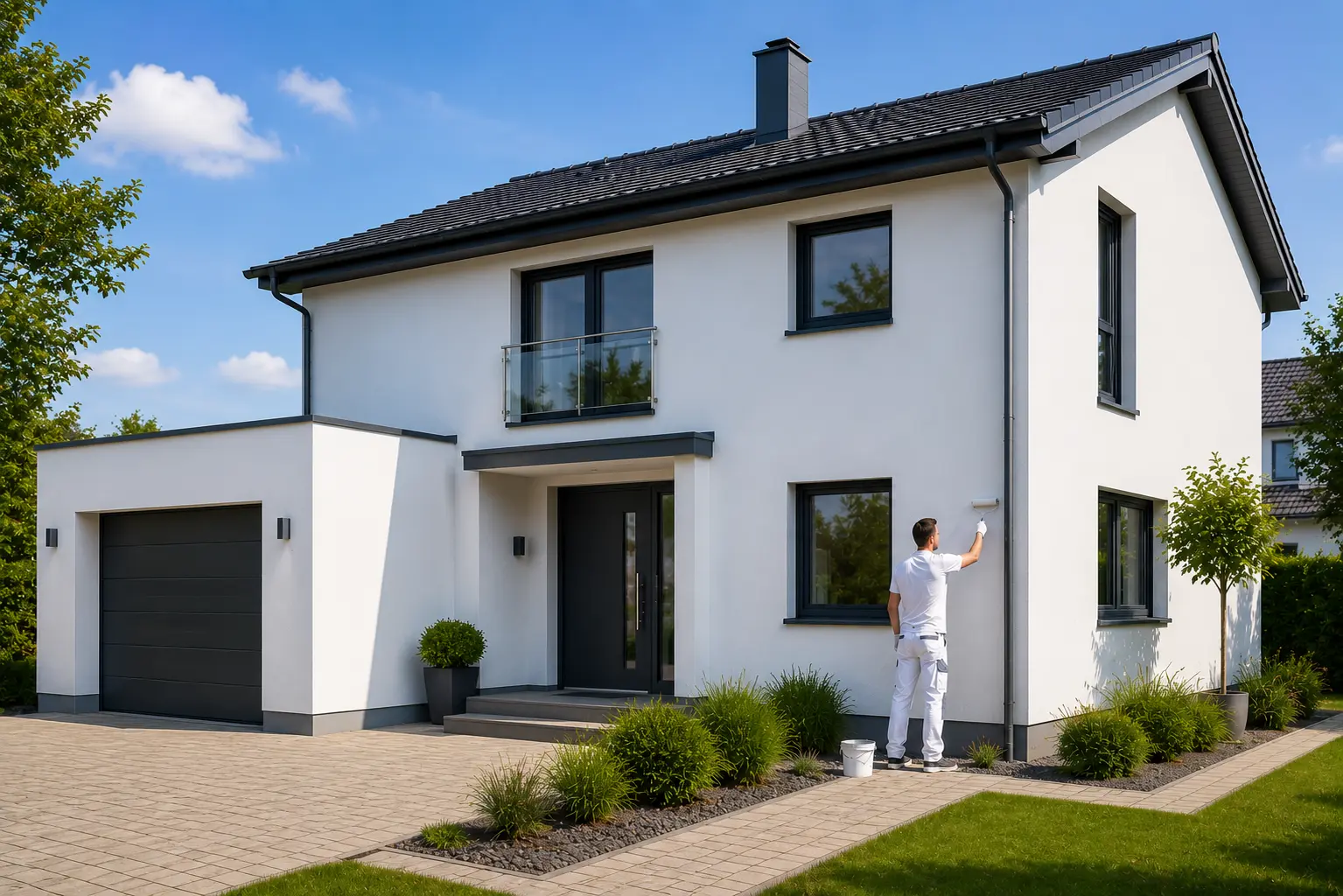 Maler führt letzte Arbeiten an einer frisch renovierten Hausfassade aus