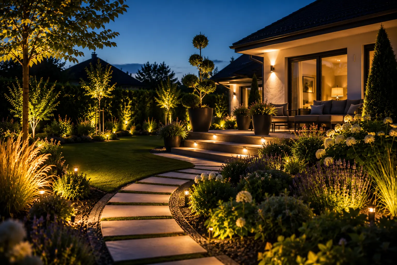 Beleuchteter Garten mit Terrasse und moderner Außenbeleuchtung