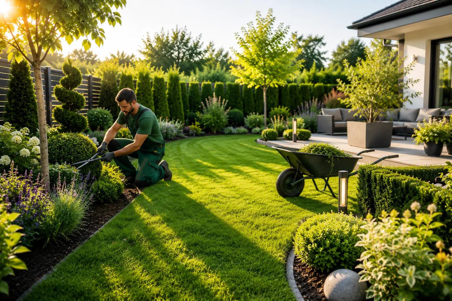 Gärtner schneidet Sträucher und pflegt einen modernen Garten