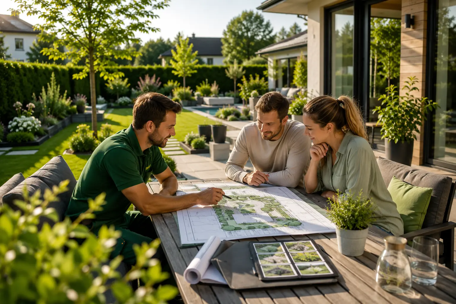 Gartenbauer bespricht Gartenplanung mit Hausbesitzern