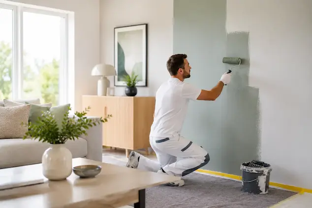 Maler streicht eine moderne Akzentwand im Wohnzimmer