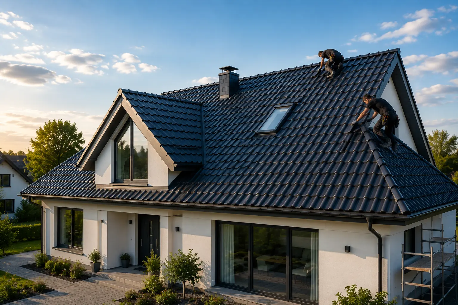 Neueindeckung eines Wohnhauses mit modernen Dachziegeln