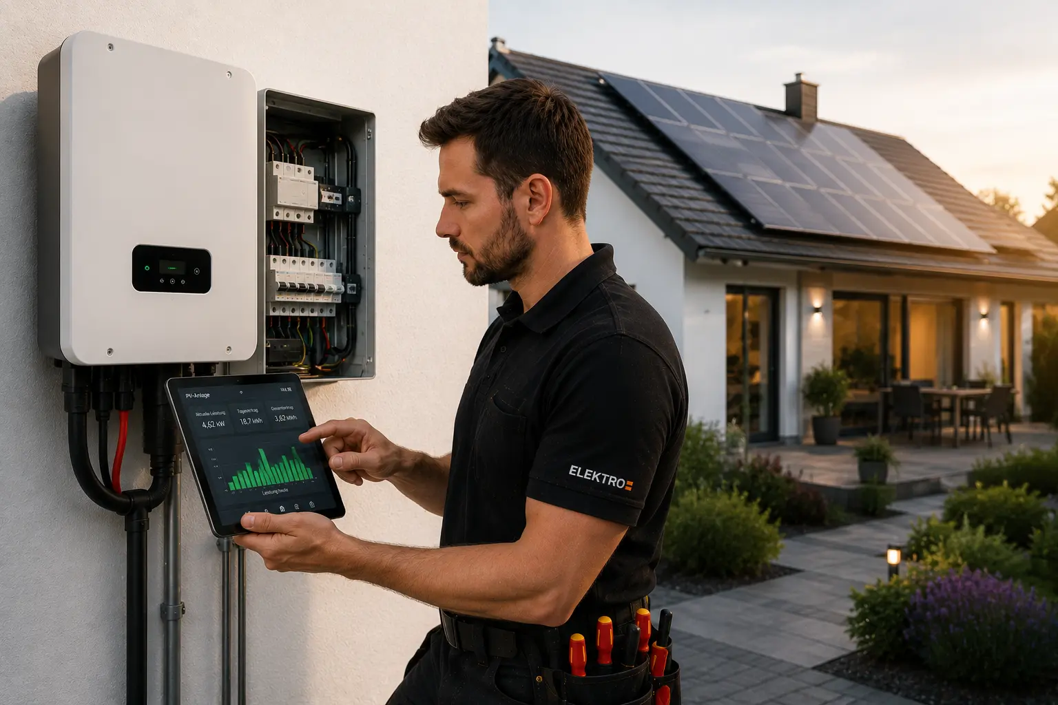 Elektriker prüft Wechselrichter einer Photovoltaikanlage