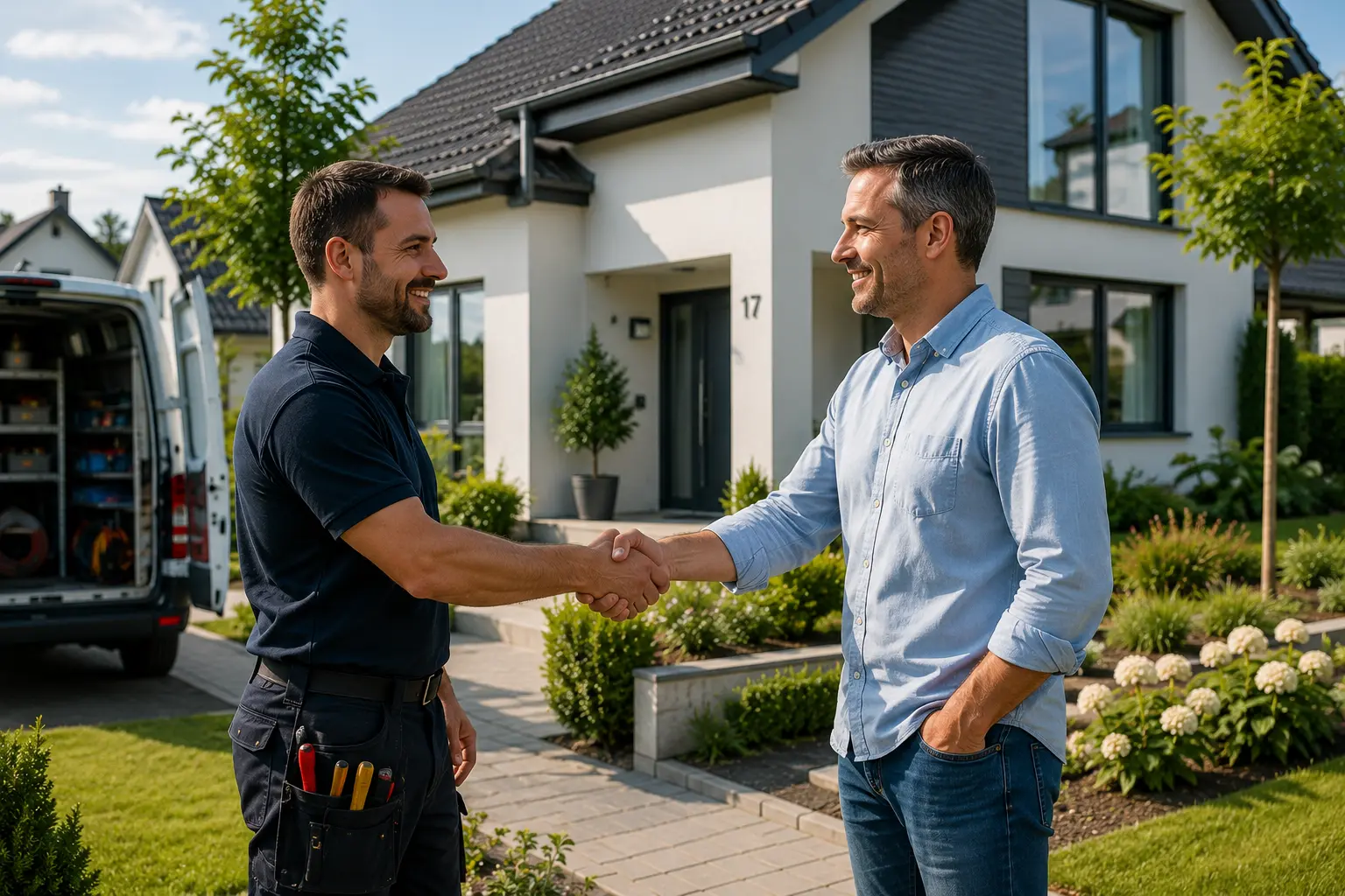 Handwerker und Hausbesitzer vor modernem Wohnhaus bei erfolgreicher Projektbesprechung