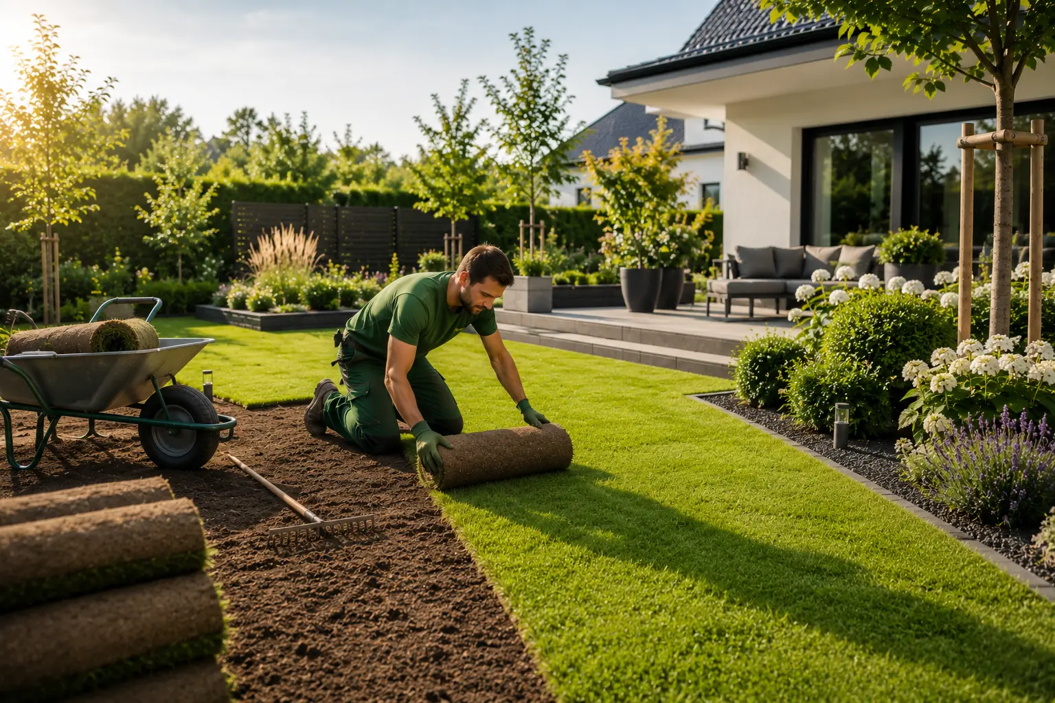 Gartenbauer verlegt Rollrasen in einem modernen Garten