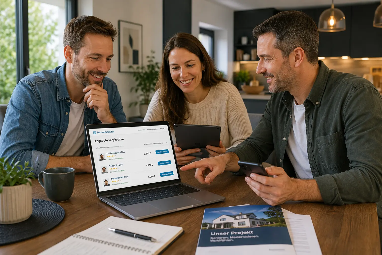 Hausbesitzer vergleichen Handwerkerangebote online auf Laptop und Smartphone