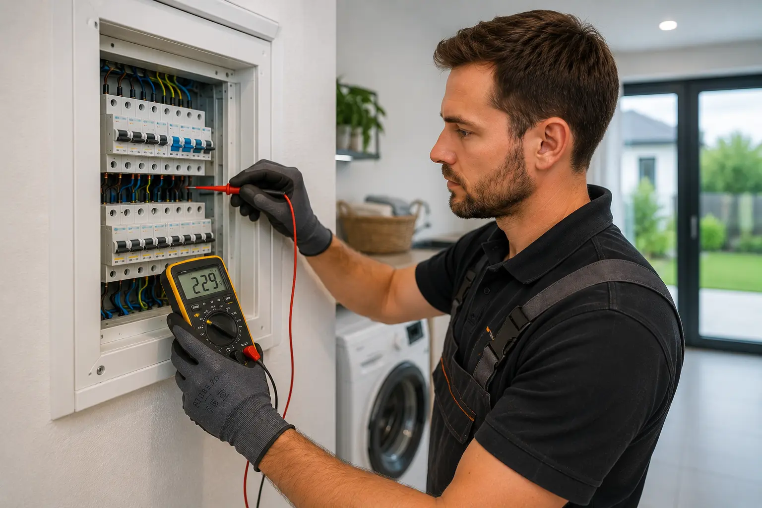 Elektriker misst Spannungen an einem modernen Sicherungskasten