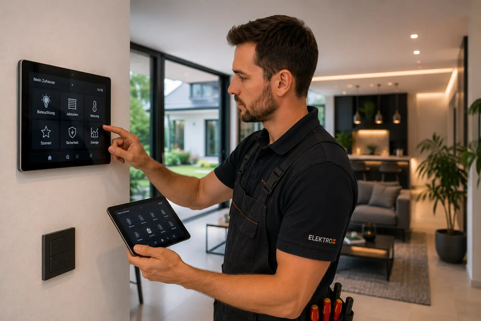 Elektriker richtet ein Smart Home System in einem Wohnhaus ein