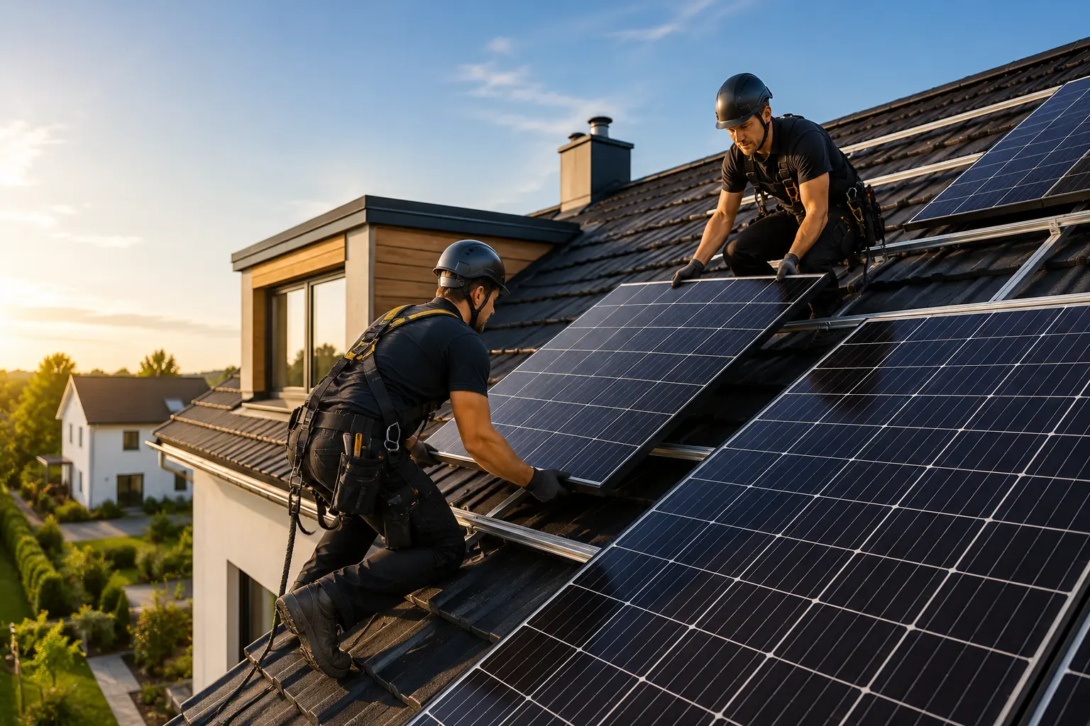 Monteure installieren Solarmodule auf einem modernen Hausdach