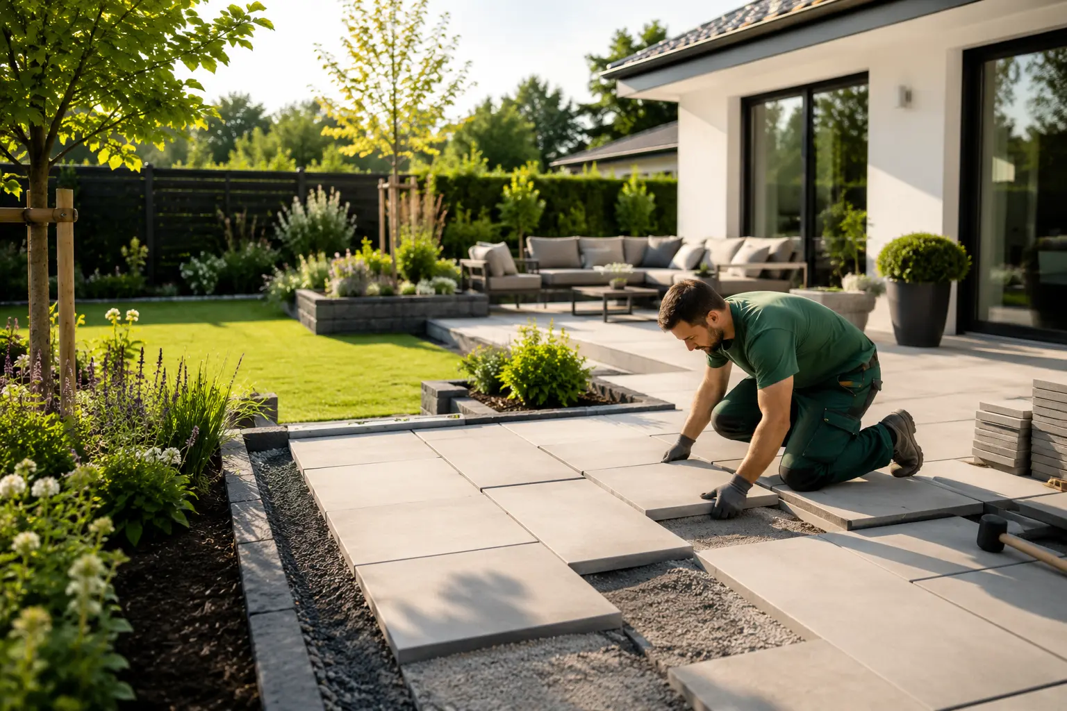 Gartenbauer verlegt Terrassenplatten in einem modernen Garten