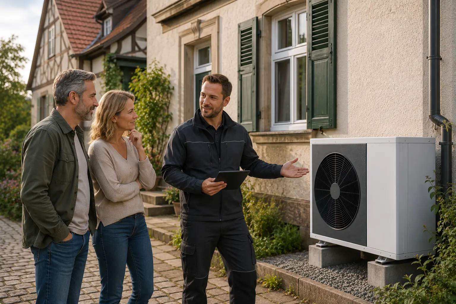 Fachberater erklärt Hausbesitzern eine Wärmepumpenlösung für ein Bestandsgebäude