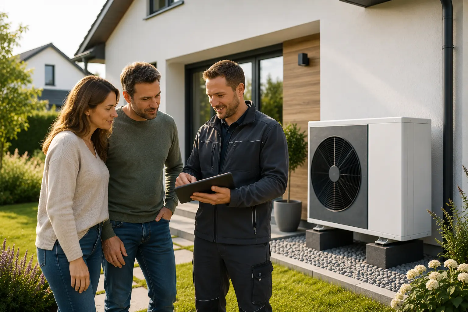 Hausbesitzer lassen sich zu einer Wärmepumpe von einem Fachberater beraten
