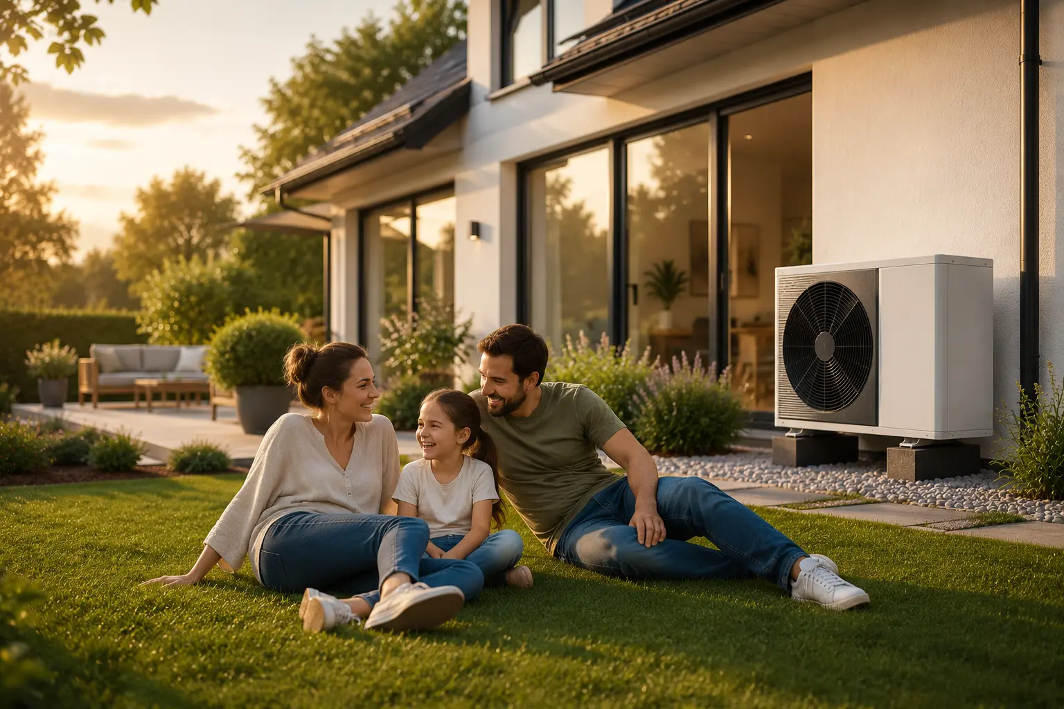 Familie im Garten eines modernen Hauses mit Wärmepumpe