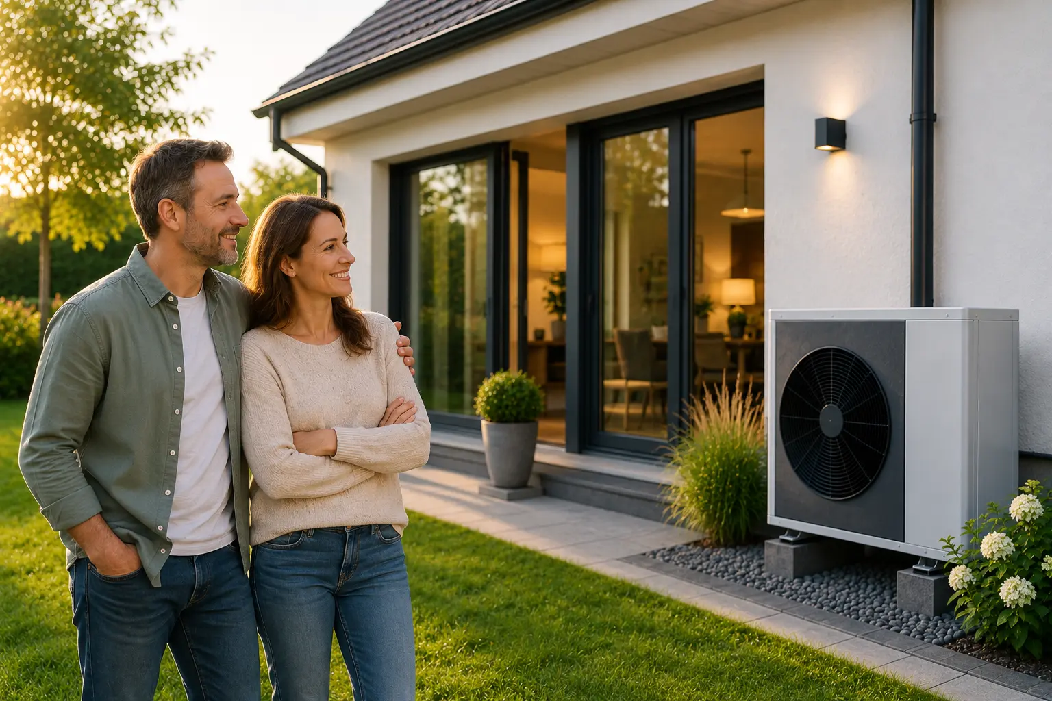 Hausbesitzer vor ihrem modernisierten Haus mit installierter Wärmepumpe