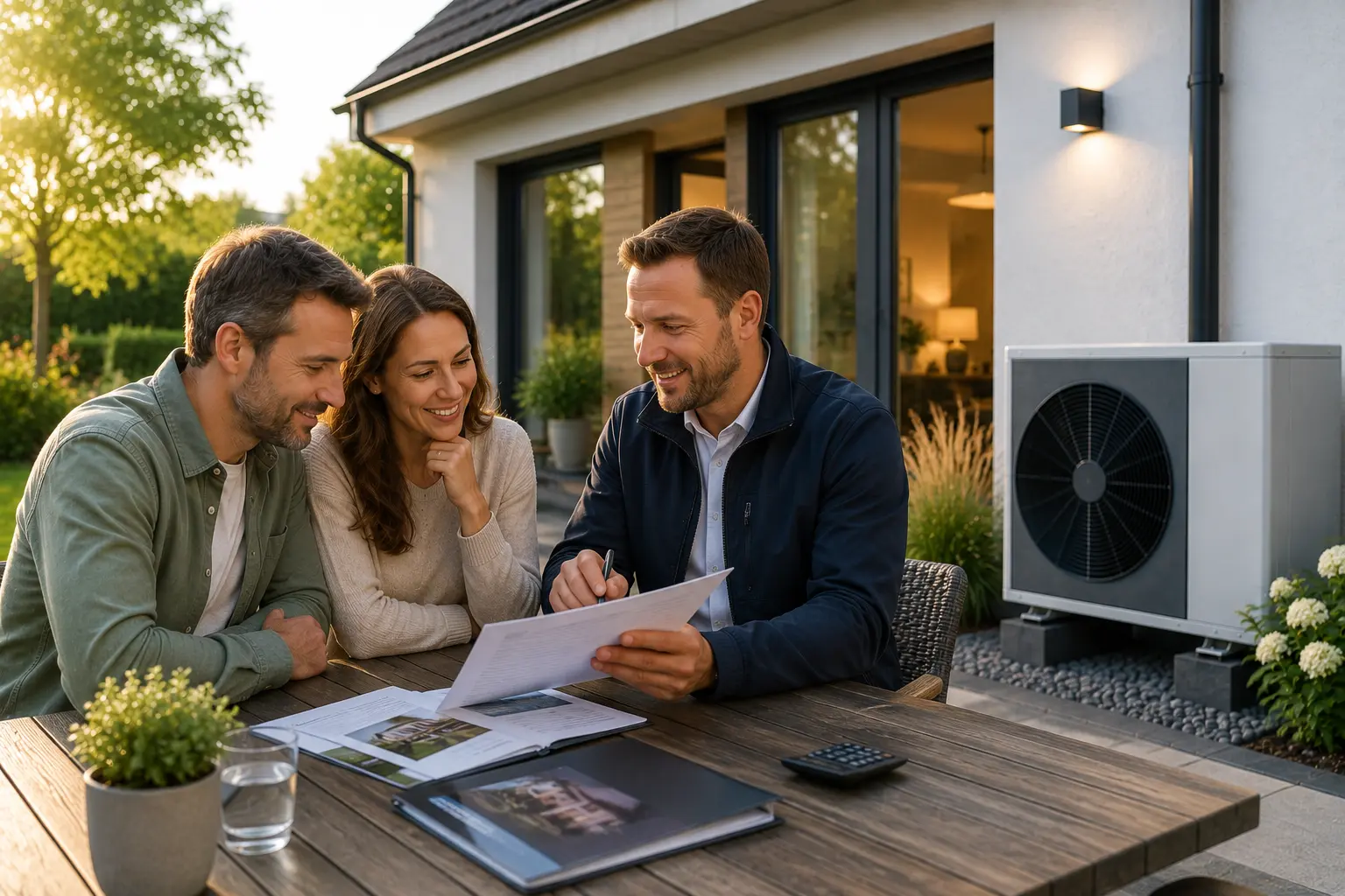 Hausbesitzer besprechen Förderung und Finanzierung einer Wärmepumpe mit einem Fachberater