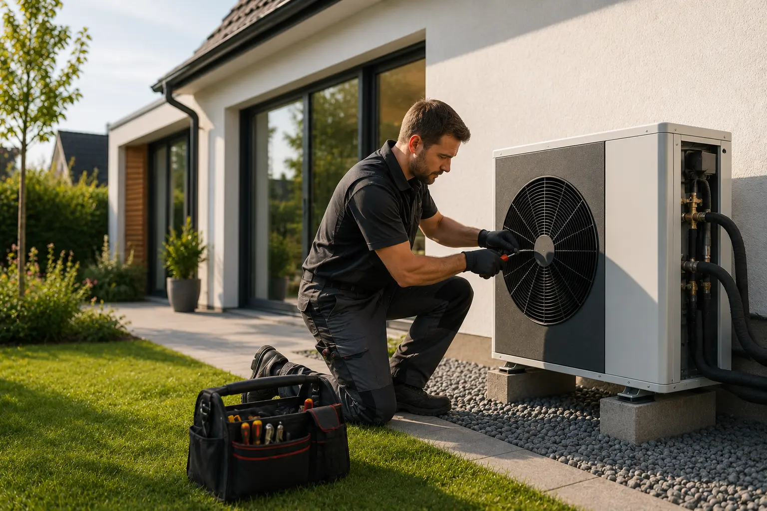 Heizungsfachbetrieb installiert eine Wärmepumpe an einem modernen Einfamilienhaus