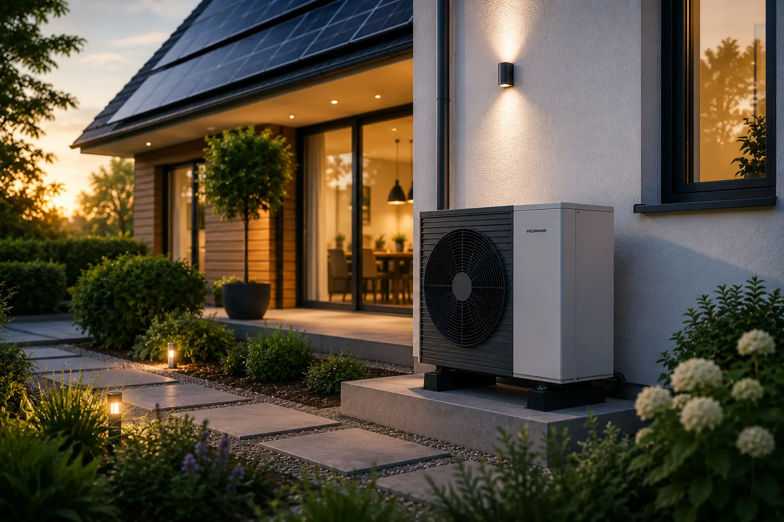 Wärmepumpe neben einem modernen Einfamilienhaus mit Solaranlage