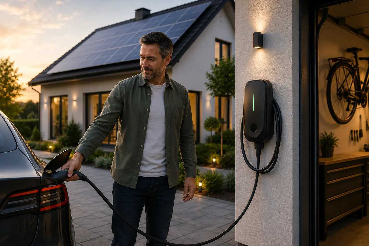 Hausbesitzer lädt sein Elektroauto an einer Wallbox vor dem Haus