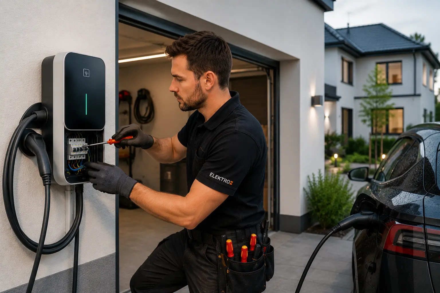 Elektriker installiert eine Wallbox an einem Einfamilienhaus