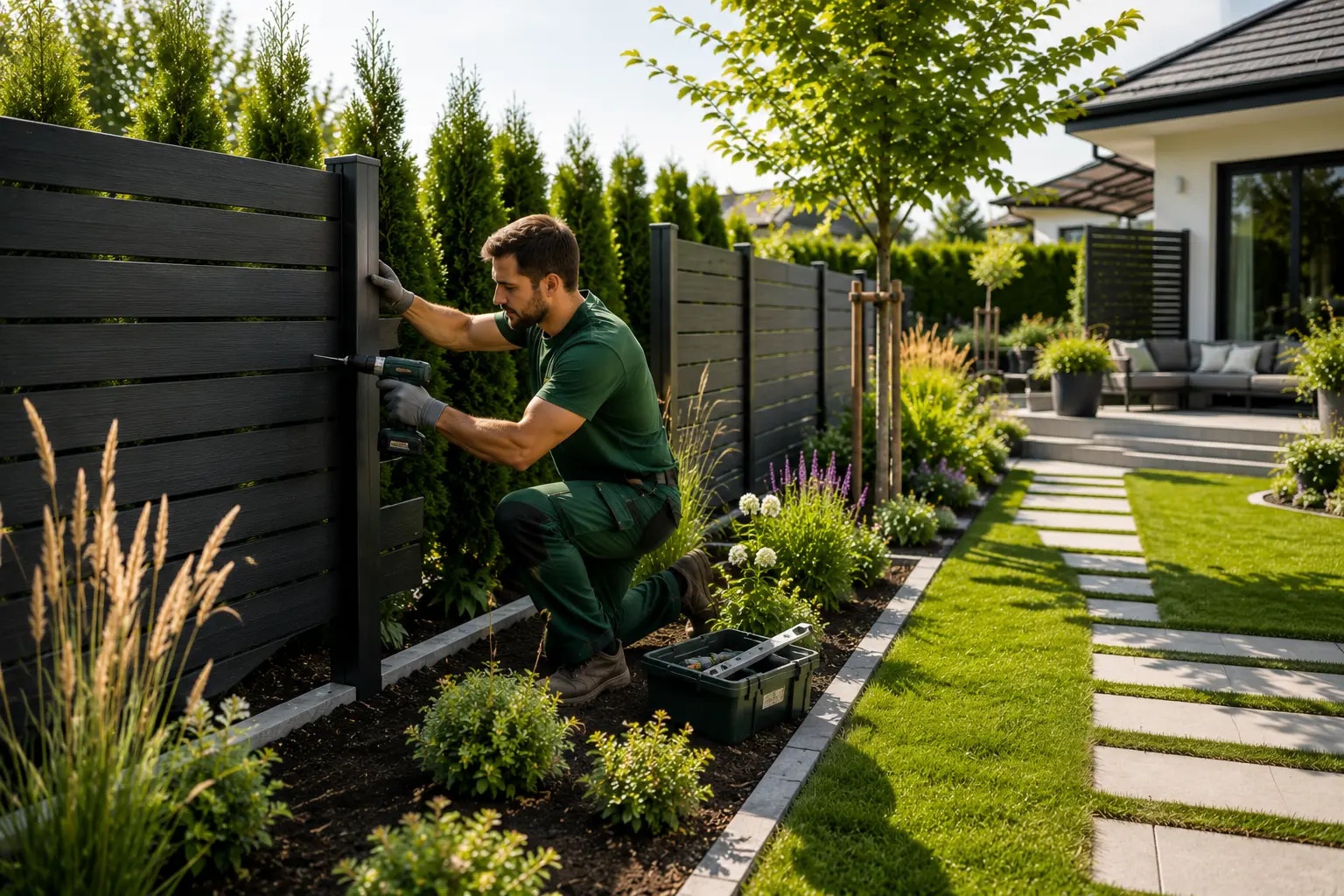 Gartenbauer montiert einen modernen Sichtschutzzaun