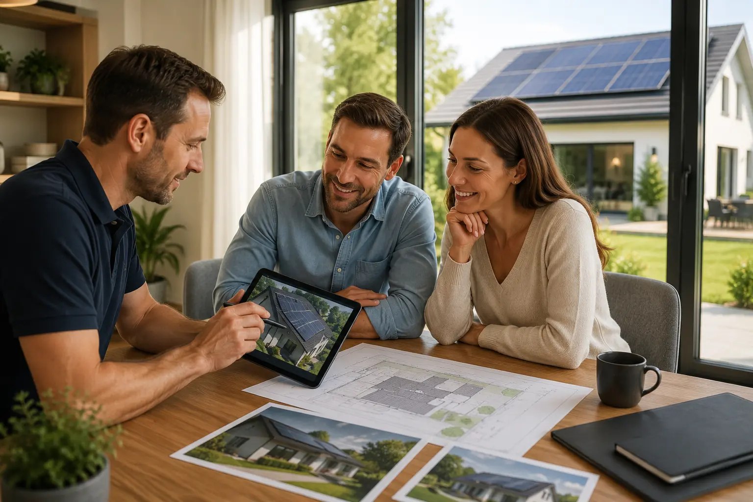 Fachberater erklärt Hausbesitzern die Planung einer Solaranlage