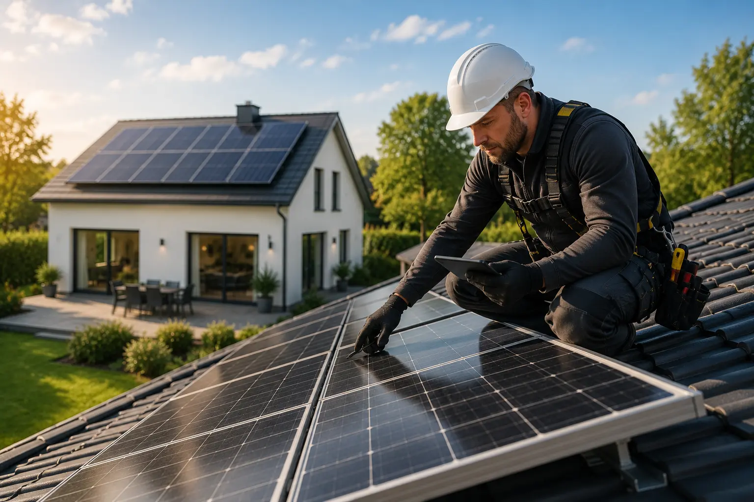 Fachbetrieb prüft Dach und Solarmodule für eine Photovoltaikanlage