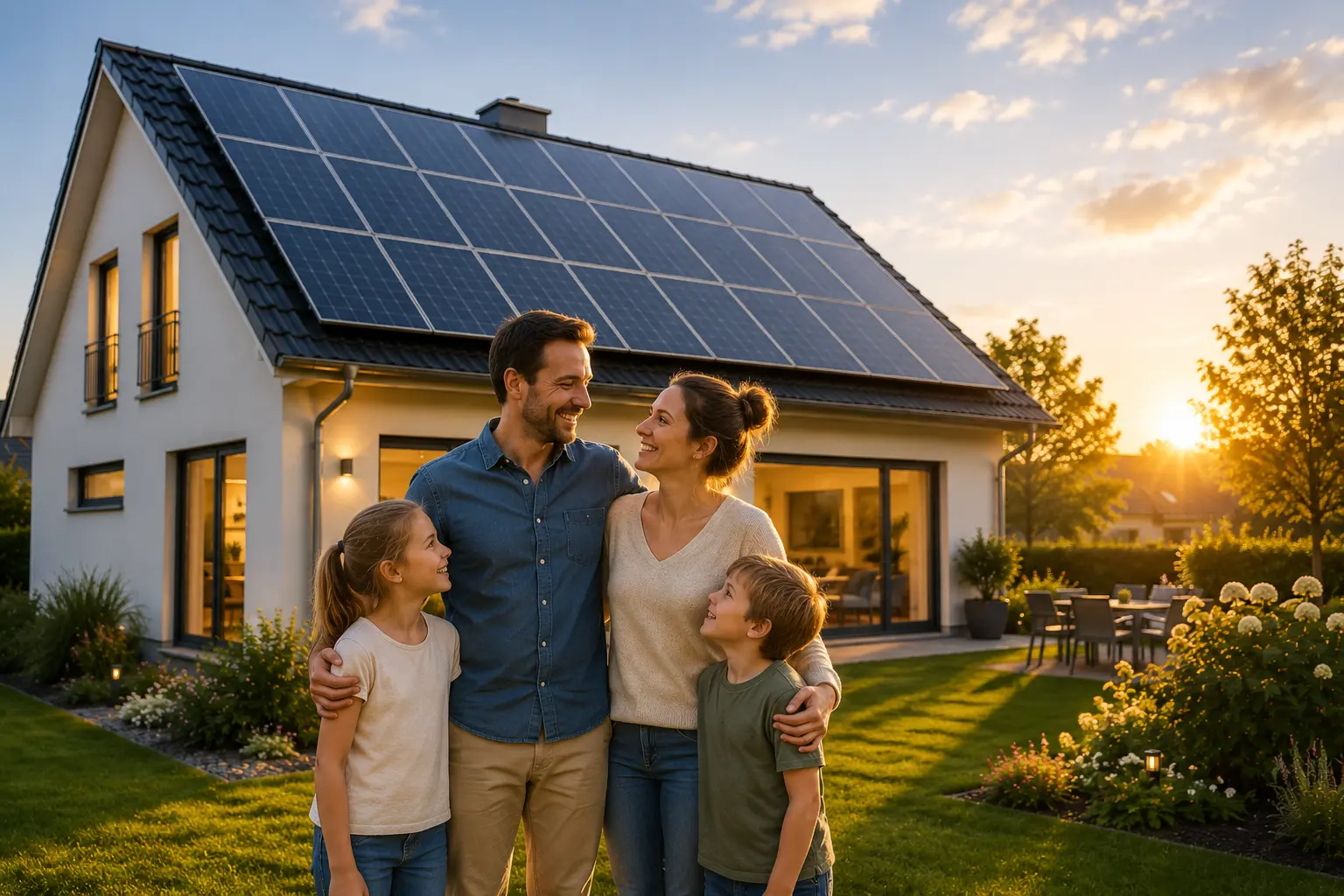 Glückliche Familie vor modernem Haus mit Solaranlage auf dem Dach