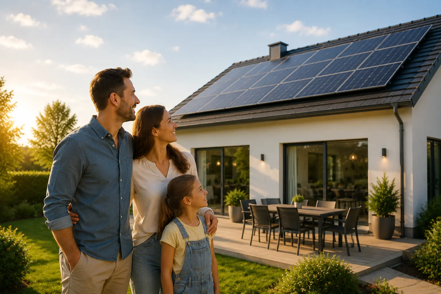 Familie vor modernem Einfamilienhaus mit fertig installierter Solaranlage