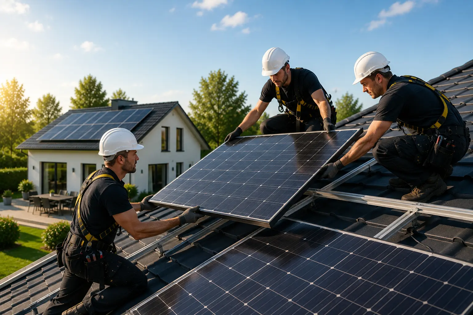 Fachbetrieb installiert Solarmodule auf einem Hausdach